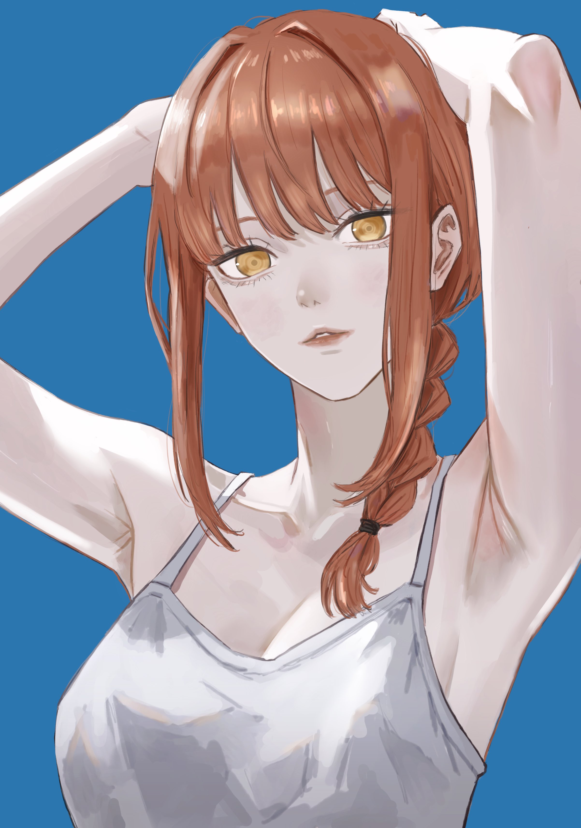 dhbwinner, makima (chainsaw man), chainsaw man, absurdres, commentary, highres, 1girl, armpits, arms behind head, arms up, blue background, braid, braided ponytail, breasts, camisole, collarbone, looking at viewer, medium breasts, parted lips, red hair, sidelocks, simple background, single braid, solo, white camisole, yellow eyes