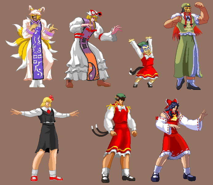 shin (1893656), tokage, chen, hakurei reimu, hong meiling, jagi, juda, kenshiro, rumia, toki (hokuto no ken), yakumo ran, yakumo yukari, yuda (hokuto no ken), hokuto no ken, hokuto no ken: shinpan no sousousei kengou retsuden, shoot the bullet, touhou, 6+boys, 6+girls, :d, animal ears, arms up, ascot, beret, black hair, blonde hair, blue hair, boots, bow, bowtie, braid, cat ears, cat tail, china dress, chinese clothes, clenched hands, cosplay, crossdressing, detached sleeves, dress, earrings, everyone, fighting stance, fox ears, fox tail, frills, glasses, hair bow, hair ribbon, hat, jewelry, lineup, long hair, manly, mary janes, mask, multiple boys, multiple girls, multiple tails, muscular, open mouth, outstretched arms, parody, pixel art, pun, red eyes, red hair, ribbon, shoes, short hair, simple background, single earring, smile, socks, spread arms, standing, star (symbol), tail, twin braids, yin yang
