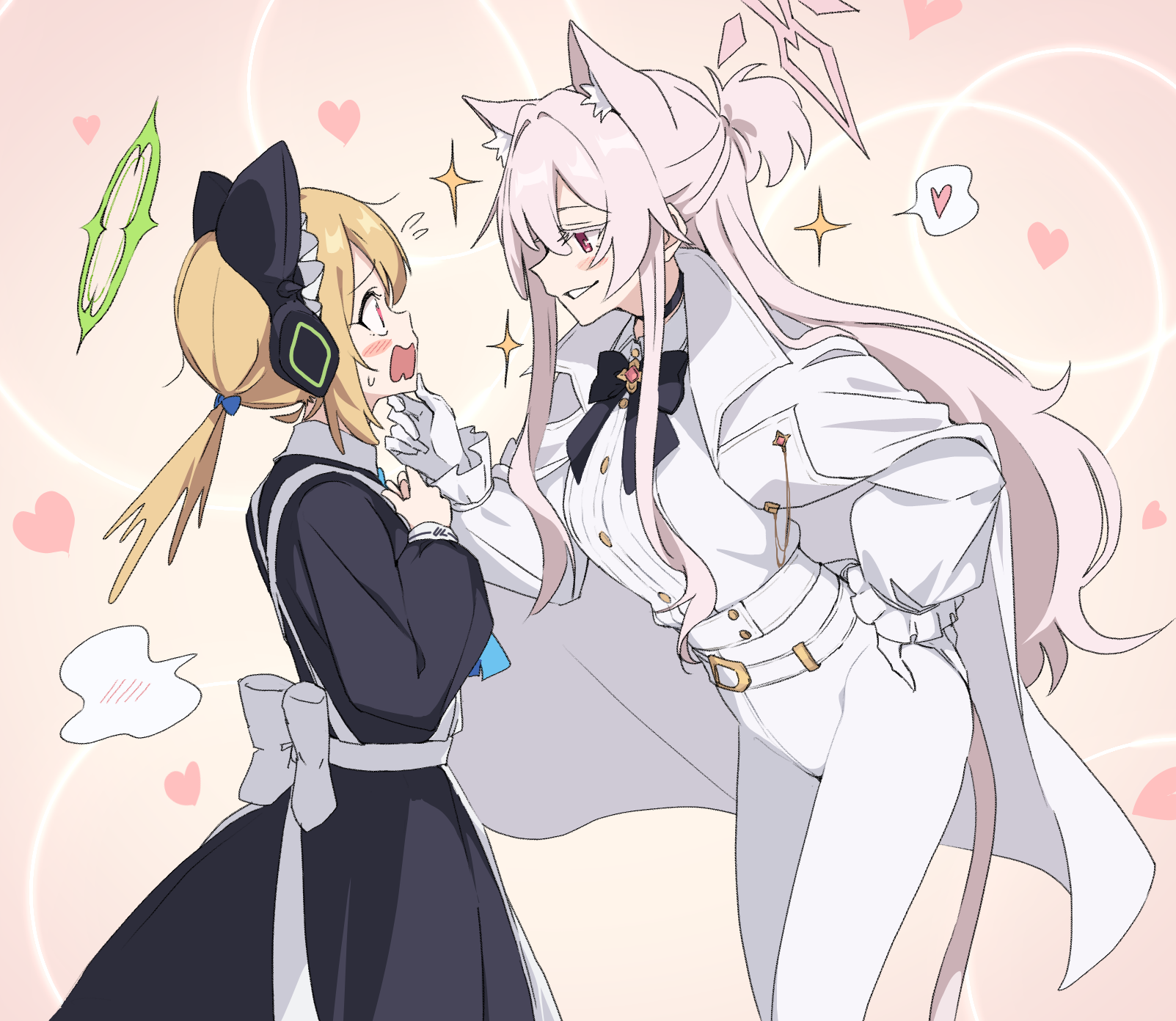 momomatang, akira (blue archive), midori (blue archive), midori (maid) (blue archive), blue archive, commentary request, highres, 2girls, animal ear fluff, animal ear headphones, animal ears, apron, belt, black bow, black bowtie, black dress, blonde hair, blue bow, blush, blush stickers, bow, bowtie, buttons, cat ear headphones, cat ears, cat girl, cat tail, coat, colored eyelashes, dress, expressive hair, eye contact, fake animal ears, feet out of frame, flying sweatdrops, from side, green halo, grey hair, grey halo, grin, hair bow, halo, hand on another's chin, hand on own hip, hands up, headphones, heart, leaning forward, long hair, long sleeves, looking at another, maid, maid apron, maid headdress, multiple girls, official alternate costume, official alternate hairstyle, open clothes, open coat, open mouth, pants, pink background, ponytail, profile, seductive smile, shirt, sideways mouth, simple background, smile, sparkle, speech bubble, spoken blush, spoken heart, standing, tail, very long hair, wavy mouth, white belt, white coat, white pants, white shirt, wide-eyed, yuri