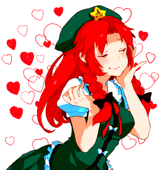 dada, dada (dolce), hong meiling, embodiment of scarlet devil, touhou, 1girl, braid, female focus, hat, heart, long hair, red hair, solo, twin braids