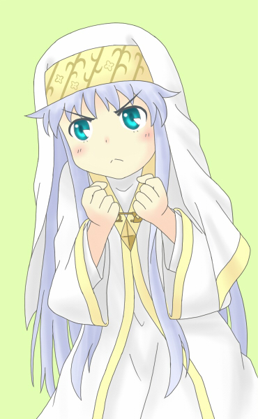 yunkaasu (kakushiaji), index (toaru majutsu no index), toaru majutsu no index, 00s, 1girl, angry, blue hair, blush, female focus, flat chest, green eyes, long hair, robe, solo