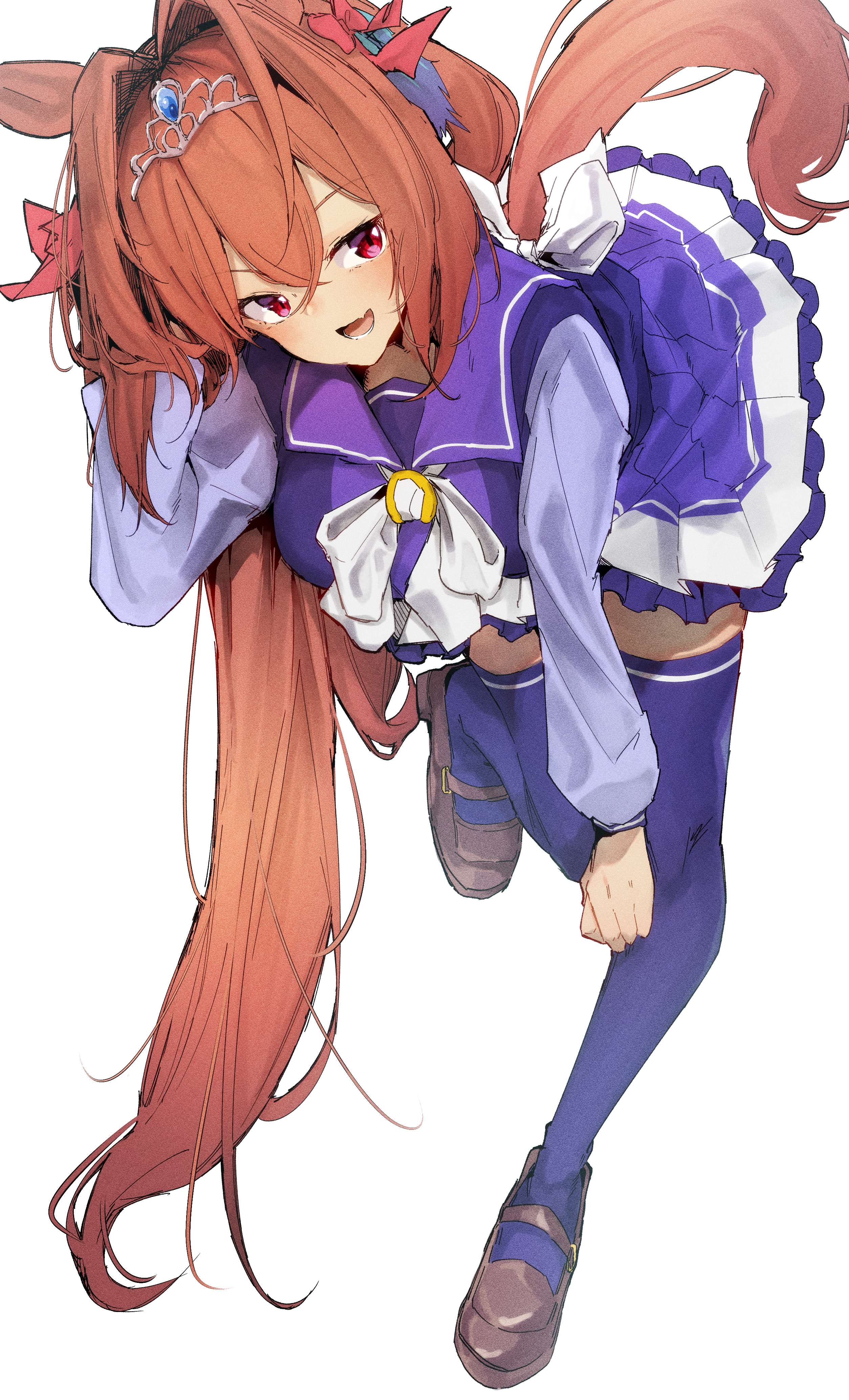 gorioshi0802, daiwa scarlet (umamusume), umamusume, absurdres, highres, 1girl, animal ears, blush, bow, breasts, brown hair, fang, hair between eyes, hair intakes, horse ears, horse girl, horse tail, large breasts, long hair, looking at viewer, open mouth, purple sailor collar, purple serafuku, purple shirt, purple skirt, purple thighhighs, red eyes, sailor collar, sailor shirt, school uniform, serafuku, shirt, simple background, skin fang, skirt, smile, solo, tail, thighhighs, tiara, tracen school uniform, twintails, very long hair, white background, white bow, zettai ryouiki