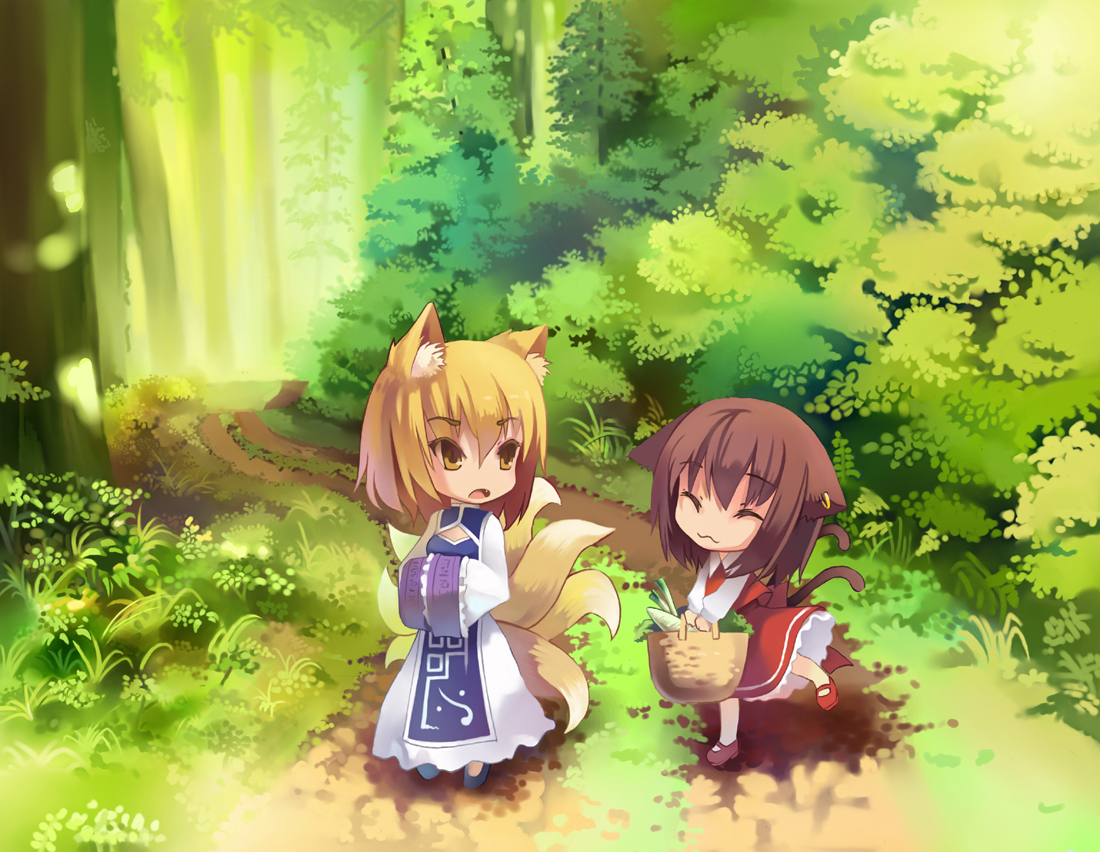 kamisakai, chen, yakumo ran, touhou, bad id, bad pixiv id, 2girls, :3, ^ ^, adapted costume, animal ears, blonde hair, brown hair, cat ears, cat girl, cat tail, chibi, cleavage cutout, closed eyes, clothing cutout, earrings, fang, female focus, forest, fox ears, fox tail, groceries, jewelry, multiple girls, multiple tails, nature, no headwear, short hair, tail, yellow eyes