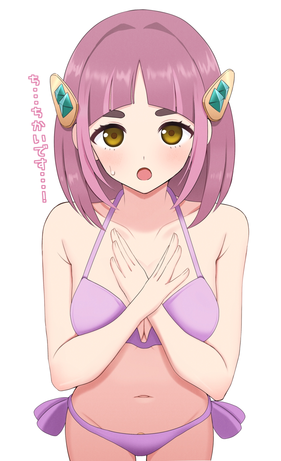 surippa1010, lacey (pokemon), nintendo, pokemon, pokemon sv, highres, translated, 1girl, arched bangs, bikini, bolt hair ornament, breasts, brown eyes, cleavage, crossed wrists, it's just not right!, light blush, medium breasts, mismatched eyebrows, navel, open mouth, pink hair, purple bikini, simple background, solo, sweatdrop, swimsuit, white background, x arms