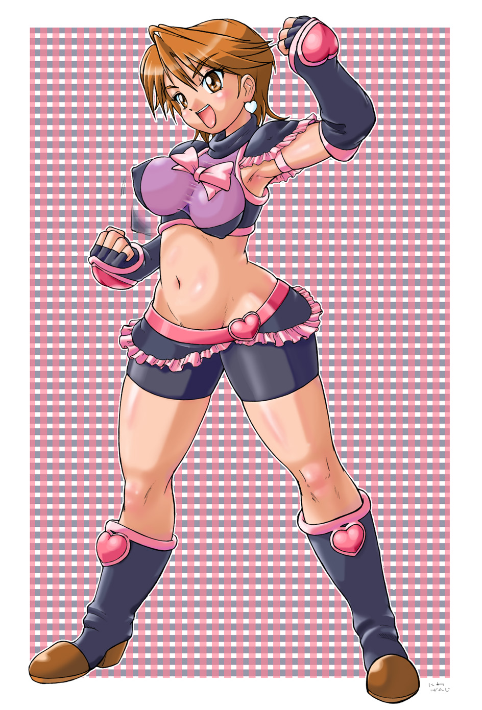 cure black, misumi nagisa, futari wa precure, precure, highres, 00s, 1girl, bike shorts, black boots, boots, bouncing breasts, bow, bowtie, breasts, brown hair, covered erect nipples, earrings, female focus, gloves, heart, hip focus, jewelry, magical girl, midriff, ribbon, short hair, solo, thick thighs, thighs, wide hips