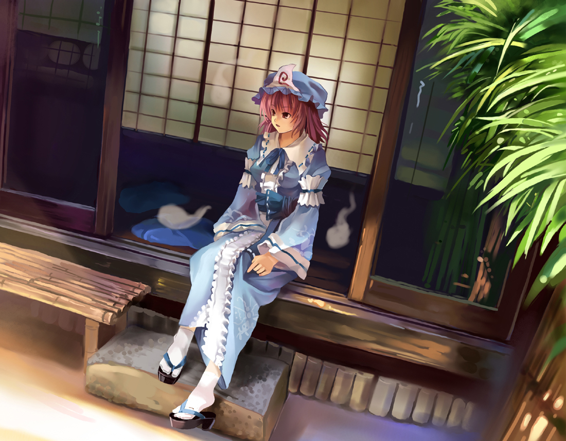 kamisakai, saigyouji yuyuko, touhou, bad id, bad pixiv id, 1girl, clog sandals, female focus, hat, hitodama, japanese clothes, kimono, mob cap, pink eyes, pink hair, porch, red eyes, sandals, shoes, short hair, sitting, socks, solo, tabi, veranda, zouri