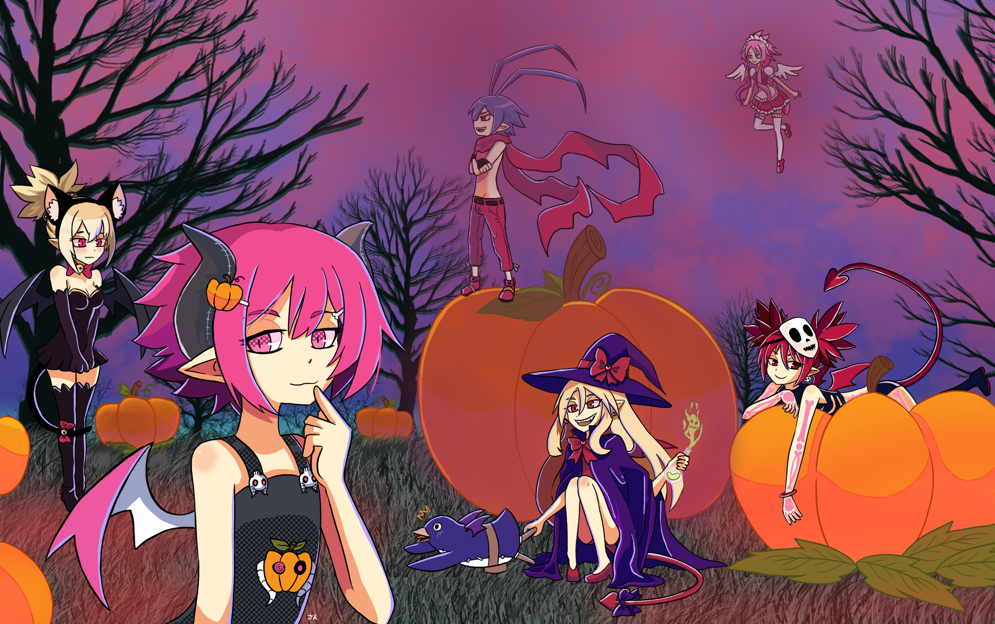 etna (disgaea), flonne, laharl, prinny, raspberyl, rozalin, disgaea, makai senki disgaea, makai senki disgaea 2, makai senki disgaea 3, character request, highres, 1boy, 5girls, alternate costume, animal ears, antenna hair, bat wings, belt, blonde hair, blue hair, bracelet, breasts, demon girl, demon horns, demon wings, dress, earrings, fake animal ears, fake tail, finger to own chin, food-themed hair ornament, hair ornament, halloween, halloween costume, horns, jewelry, long hair, lying, mask, mask on head, medium breasts, multiple girls, open mouth, pink eyes, pink hair, pointy ears, poison, pumpkin, pumpkin hair ornament, red eyes, red hair, sailor collar, short hair, shorts, smile, strapless, tail, temporary tattoo, thighhighs, vegw7778, white sailor collar, wings