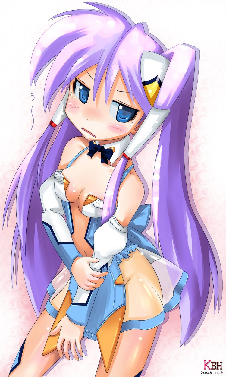 kazuboh, aoba anoa, hiiragi kagami, lucky star, otomedius, highres, black bow, black bowtie, blue eyes, bow, bowtie, cosplay, detached collar, long hair, pelvic curtain, purple hair, revealing clothes, see-through clothes, see-through skirt, skirt, solo, twintails