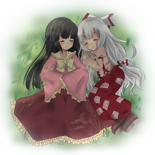 houki, fujiwara no mokou, houraisan kaguya, touhou, silver hair, bad id, bad pixiv id, 2girls, blouse, blush, bow, bowtie, closed eyes, female focus, long hair, long sleeves, multiple girls, ofuda, pants, red skirt, shirt, skirt, sleeping, suspenders, very long hair, white shirt, yellow bow, yellow bowtie