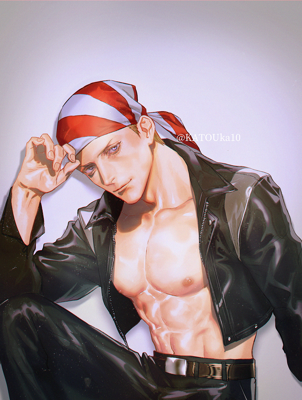 katou teppei, billy kane, the king of fighters, highres, 1boy, abs, bandana, bare pectorals, belt, belt buckle, black jacket, black pants, blonde hair, blue eyes, brown belt, buckle, closed mouth, cropped jacket, jacket, leather, leather jacket, leather pants, looking at viewer, male focus, muscular, nipples, open clothes, open jacket, pants, pectorals, short hair, simple background, smile, solo, striped bandana, topless male, twitter username