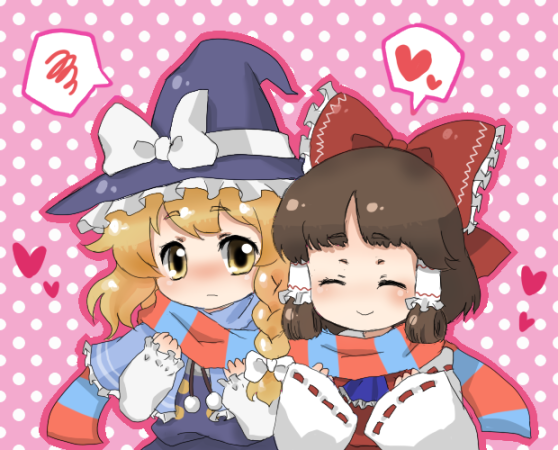 houki, hakurei reimu, kirisame marisa, perfect cherry blossom, touhou, bad id, bad pixiv id, 2girls, aged down, chibi, closed eyes, female focus, heart, multiple girls, scarf, shared clothes, shared scarf, smile, upper body, yuri