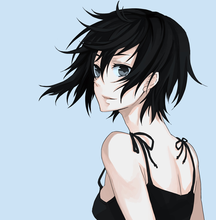 osamu (jagabata), original, bad id, bad pixiv id, back, black hair, grey eyes, ribbon, short hair, smile, solo, tank top