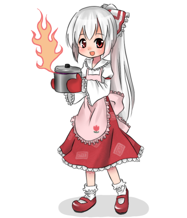 houki, fujiwara no mokou, touhou, bad id, bad pixiv id, 1girl, alternate hairstyle, apron, chibi, cooking, female focus, fire, full body, ponytail, skirt, solo, white background