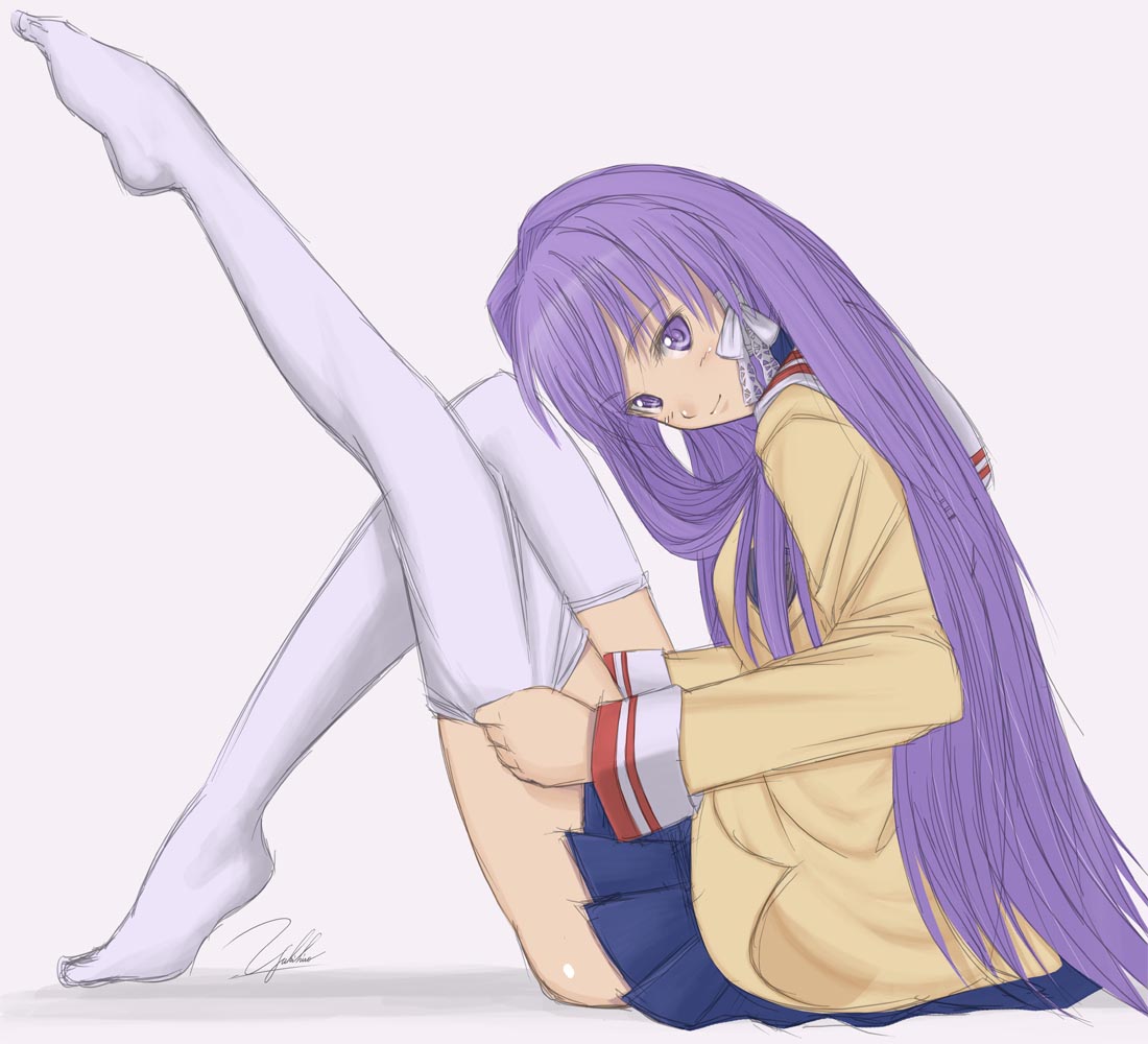 yukihiro, fujibayashi kyou, clannad, toe-point, bad id, bad pixiv id, 00s, feet, legs, long hair, purple eyes, purple hair, school uniform, signature, sketch, solo, thighhighs, zettai ryouiki