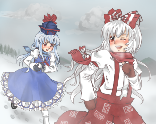 houki, fujiwara no mokou, kamishirasawa keine, touhou, bad id, bad pixiv id, lowres, 2girls, breath, cloud, female focus, mittens, multiple girls, outdoors, plant, running, scarf, sky, snow, snowball, tree, winter