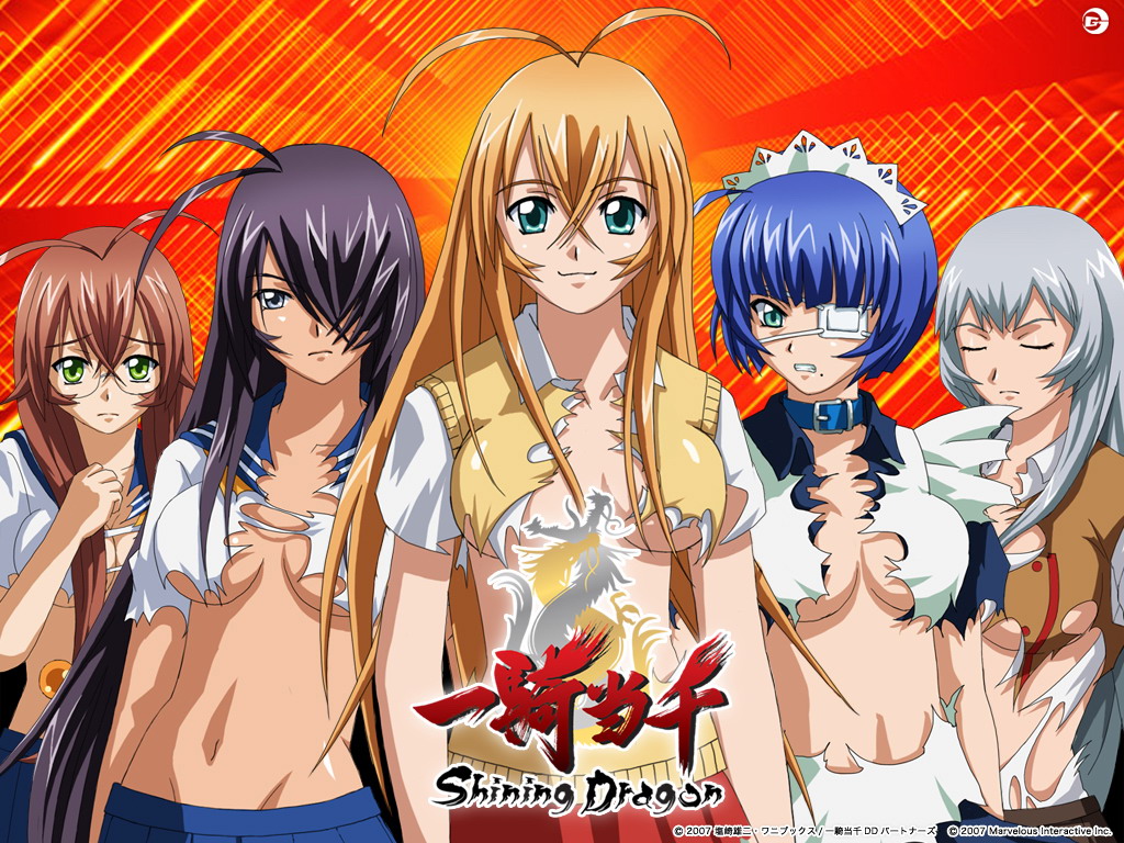 chouun shiryuu, kan'u unchou, ryomou shimei, ryuubi gentoku, sonsaku hakufu, ikkitousen, ikkitousen shining dragon, silver hair, official art, official wallpaper, 00s, 5girls, antenna hair, black hair, blonde hair, blue hair, breasts, brown hair, closed eyes, collar, eyepatch, glasses, hair over one eye, large breasts, long hair, maid, multiple girls, no bra, school uniform, short hair, torn clothes, vest