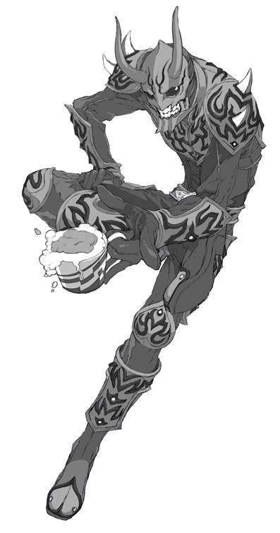 miwa shirow, kamen rider den-o, momotaros, momotarosu, kamen rider, kamen rider den-o (series), 1boy, cup, full body, greyscale, grin, horns, male focus, monochrome, mug, simple background, smile, solo, white background