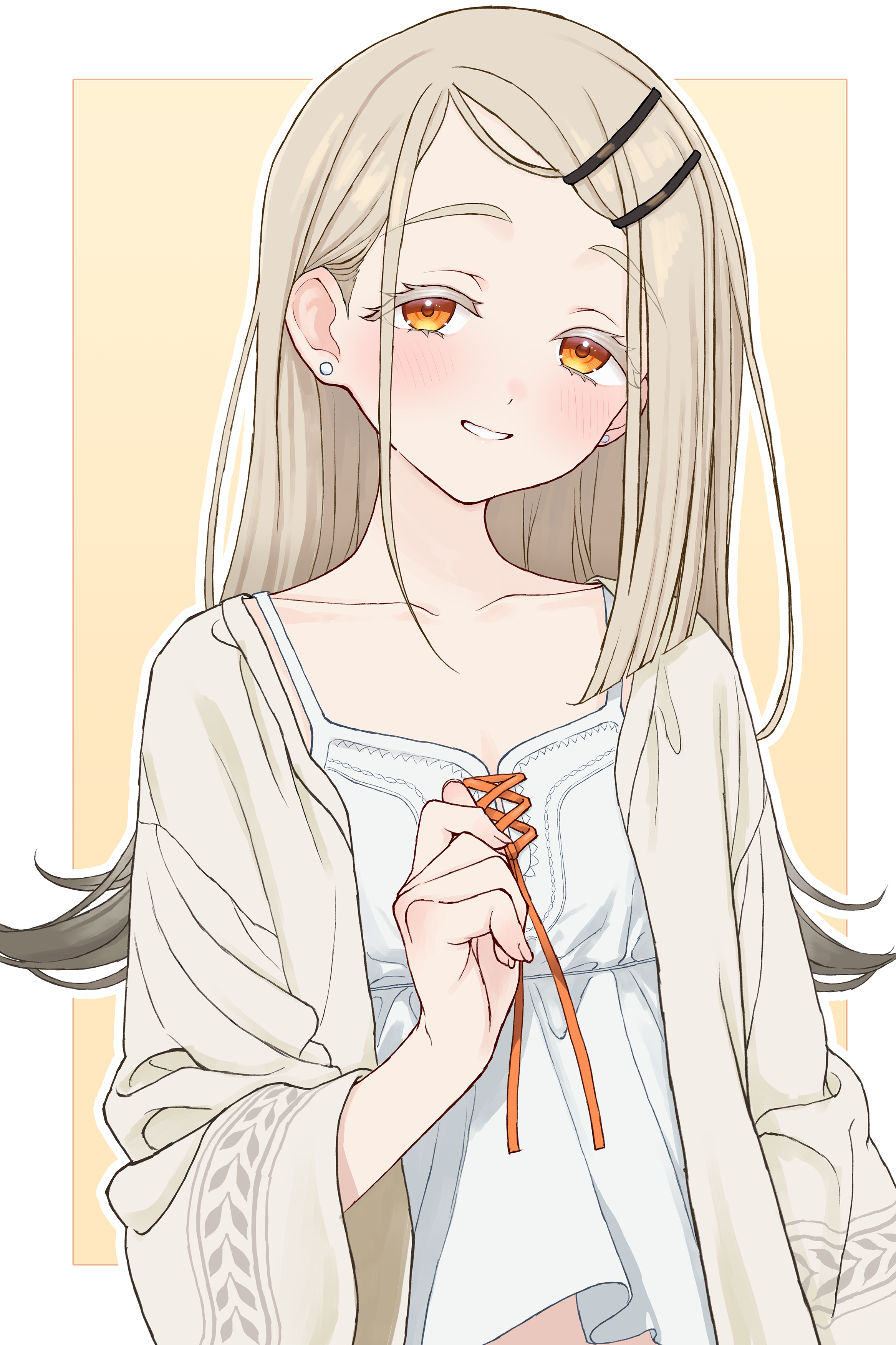 shinosawa hiro, gakuen idolmaster, idolmaster, absurdres, commentary request, highres, 1girl, blonde hair, blush, border, camisole, collarbone, colored eyelashes, earrings, flipped hair, gradient hair, grey hair, jewelry, looking at viewer, multicolored hair, nagisa (omiwatari no ya), orange eyes, outside border, robe, simple background, smile, solo, stud earrings, upper body, white border, white camisole, white robe, yellow background