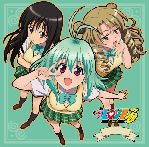 kotegawa yui, run elsie jewelria, tenjouin saki, to love-ru, lowres, non-web source, 00s, 3girls, copyright name, laughing, multiple girls, open mouth, plaid clothes, plaid skirt, school uniform, skirt, v, v over eye