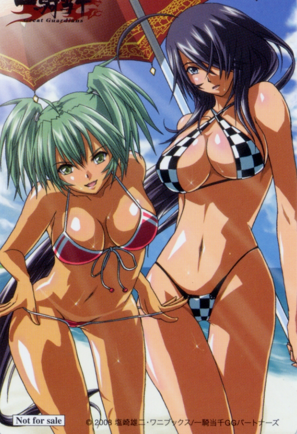 kan'u unchou, ryofu housen, ikkitousen, ikkitousen great guardians, 00s, 2girls, ahoge, aqua hair, beach, bikini, bikini pull, bikini tan, black hair, blue eyes, breasts, checkered bikini, checkered clothes, cleavage, clothes pull, dark-skinned female, dark skin, day, front-tie top, green eyes, green hair, hair over one eye, highleg, highleg bikini, large breasts, leaning forward, long hair, looking at viewer, multiple girls, ocean, one-piece swimsuit pull, outdoors, pulling own clothes, purple hair, red bikini, shiny skin, swimsuit, tan, tanline, thigh gap, twintails, umbrella, very long hair, water