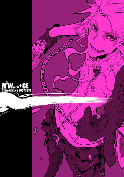 miwa shirow, haine rammsteiner, dogs: bullets & carnage, official art, 1boy, gloves, gun, male focus, monochrome, solo, weapon, zipper