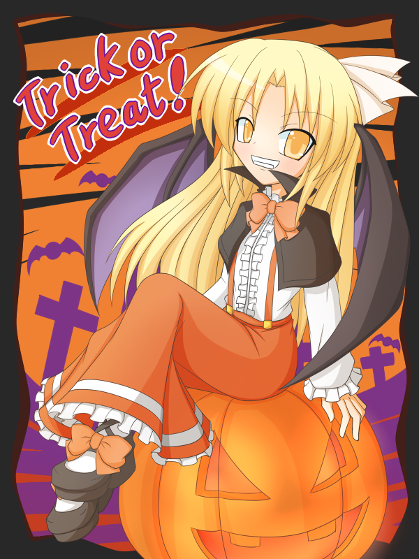cop (shokkidana), kurumi (touhou), touhou, touhou (pc-98), 1girl, alternate costume, bat wings, black capelet, blonde hair, bow, bowtie, capelet, dress, english text, fangs, frills, hair ribbon, hairband, halloween, jack-o'-lantern, long hair, orange bow, orange bowtie, orange dress, pumpkin, ribbon, shirt, skirt, smile, solo, vampire costume, white shirt, wings, yellow eyes