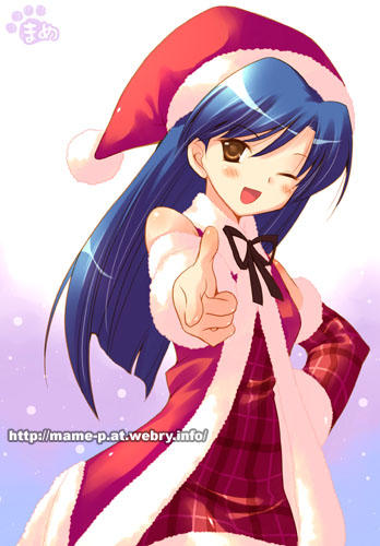 mame-p, kisaragi chihaya, idolmaster, idolmaster (classic), jpeg artifacts, lowres, non-web source, 00s, 1girl, blue hair, brown eyes, christmas, female focus, hat, long hair, one eye closed, pointing, santa costume, santa hat, solo, wink