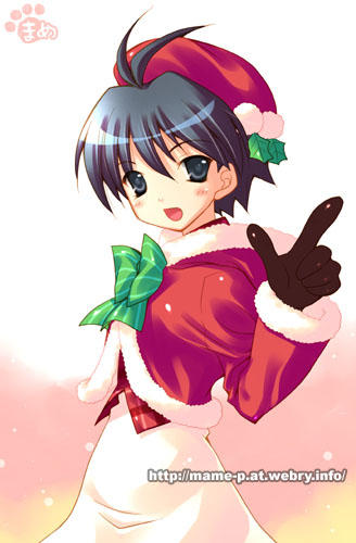 kikuchi makoto, idolmaster, idolmaster (classic), jpeg artifacts, lowres, non-web source, 00s, 1girl, antenna hair, black eyes, black hair, christmas, female focus, santa costume, short hair, solo
