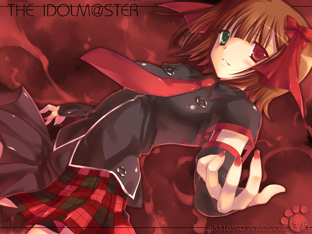 mame-p, amami haruka, dark haruka, idolmaster, idolmaster (classic), non-web source, 00s, 1girl, brown hair, female focus, heterochromia, necktie, punkish gothic, red background, red theme, short hair, solo