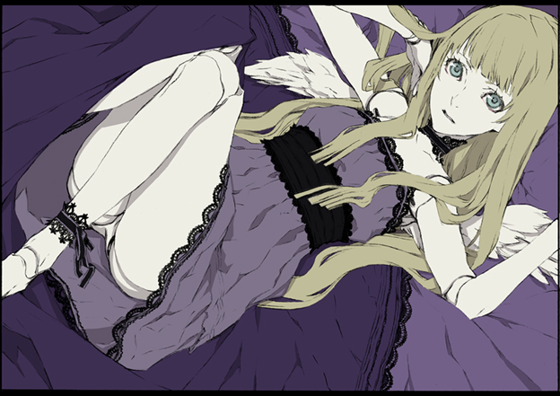 miwa shirow, nill, dogs: bullets & carnage, official art, 1girl, bed sheet, blonde hair, blue eyes, doll joints, dress, female focus, joints, lace, long hair, panties, pantyshot, solo, underwear, wings