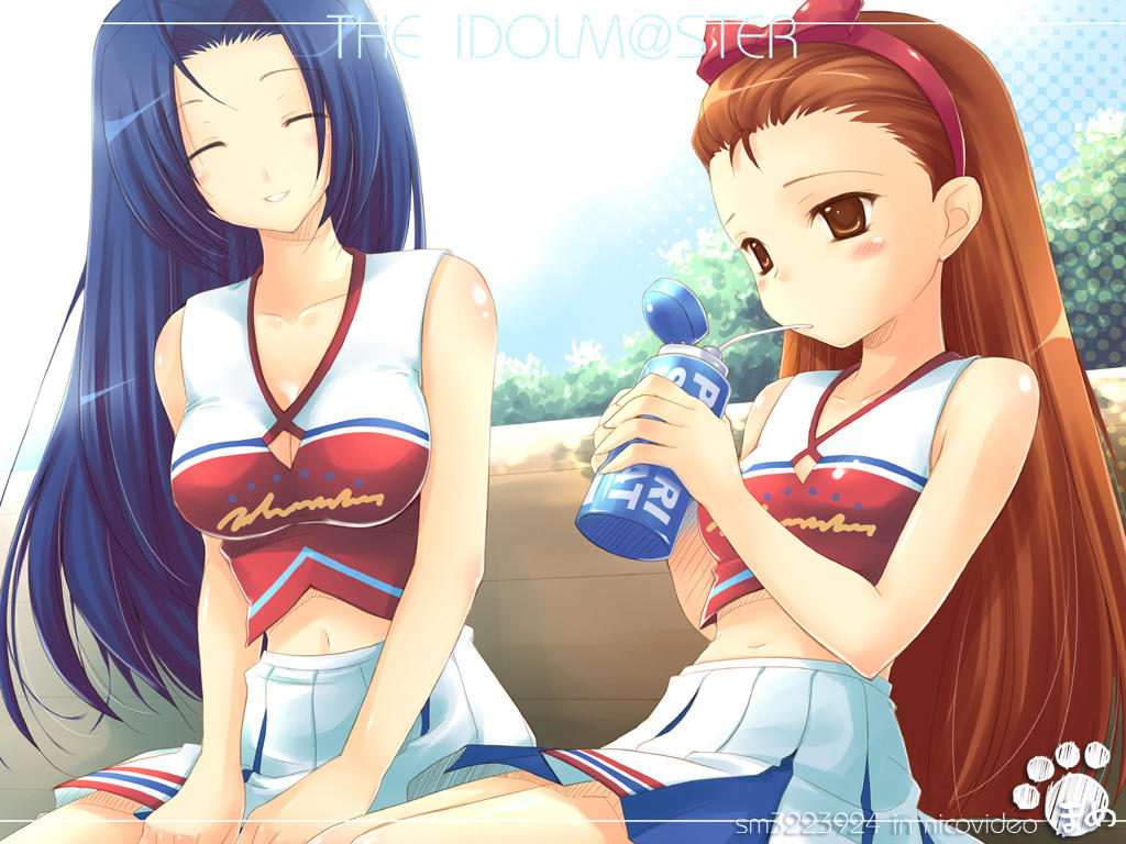 minase iori, miura azusa, idolmaster, idolmaster (classic), bad id, bad pixiv id, 00s, 2girls, blue hair, bottle, breasts, brown eyes, brown hair, cheerleader, cleavage, closed eyes, long hair, medium breasts, multiple girls, small breasts, water bottle