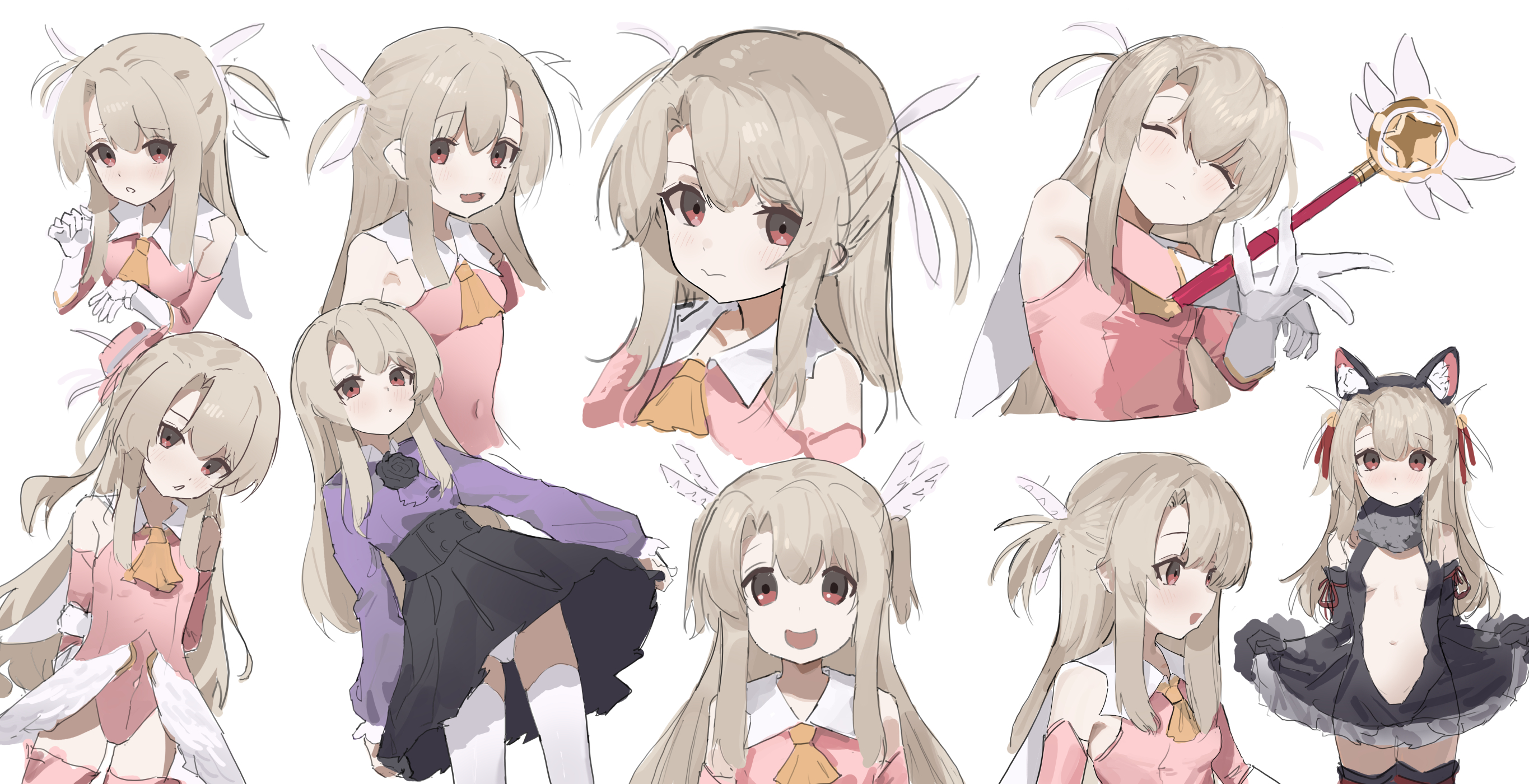 wiersa, illyasviel von einzbern, fate/kaleid liner prisma illya, fate (series), chinese commentary, commentary request, highres, 1girl, animal ears, ascot, black skirt, breasts, brown hair, closed eyes, cropped torso, fake animal ears, holding, holding staff, leotard, long hair, looking at viewer, multiple views, open mouth, panties, pantyshot, pink leotard, purple shirt, red eyes, shirt, simple background, sketch, skirt, small breasts, staff, two side up, underwear, white background, yellow ascot
