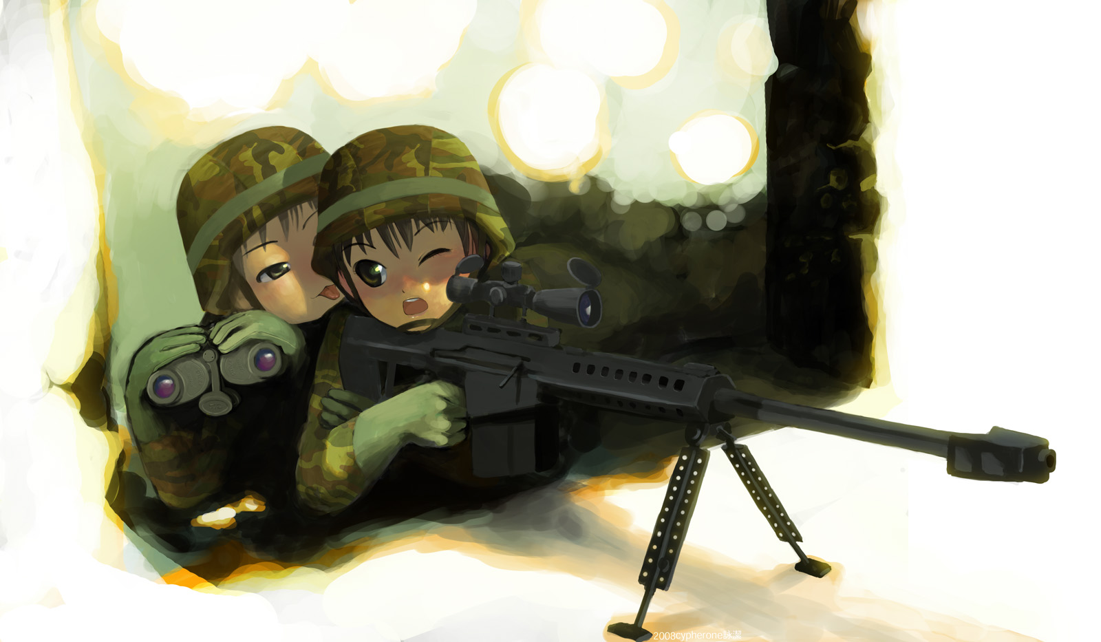cypherone, highres, 2girls, anti-materiel rifle, barrett m82, binoculars, gun, helmet, licking, military, military uniform, multiple girls, one eye closed, rifle, scope, sniper rifle, soldier, tongue, weapon, wink, yuri