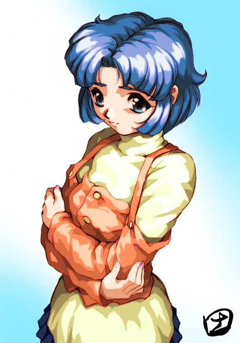 hisahiko, kusuha mizuha, banpresto, super robot wars, 1girl, blue background, blue eyes, blue hair, cowboy shot, crossed arms, female focus, from above, gradient background, matching hair/eyes, parted bangs, short hair, solo, white background