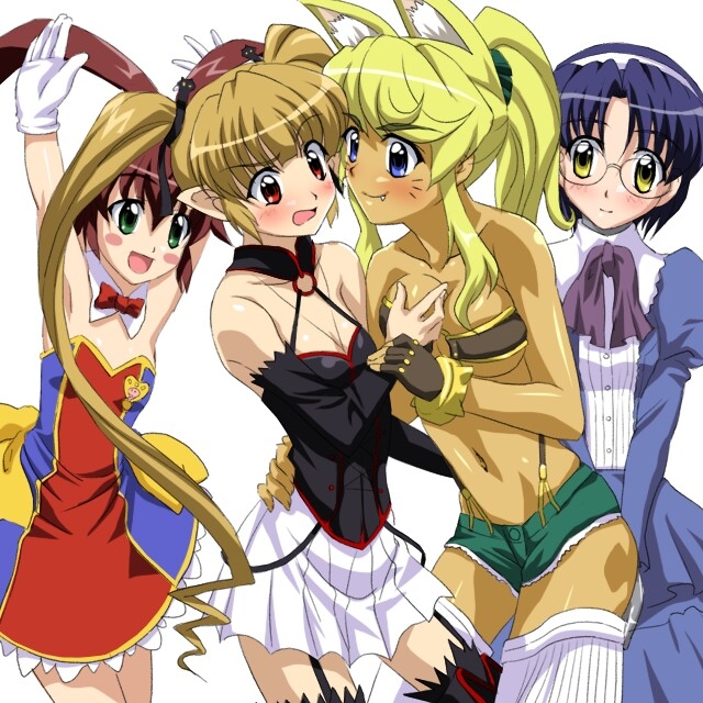 sanshita, aiko (magipoka), liru, pachira, yuuma (magipoka), renkin san-kyuu magical pokaan, 4girls, animal ears, belt bra, blonde hair, blue hair, breasts, brown hair, corset, dark-skinned female, dark skin, dog ears, extra ears, glasses, grabbing another's breast, groping, guided breast grab, guiding hand, medium breasts, multiple girls, pointy ears, shorts, small breasts, wolf ears