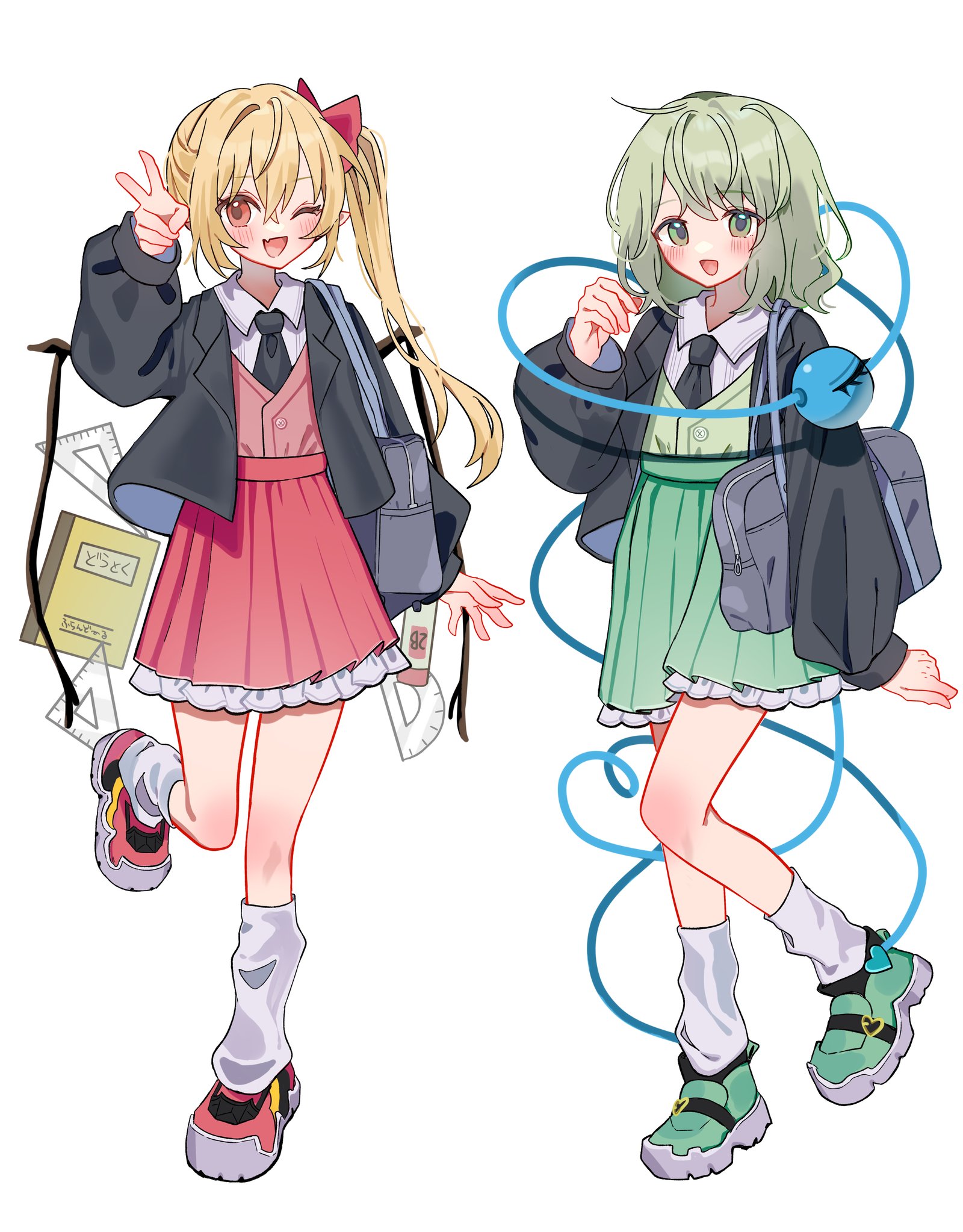 tamagogayu1998, flandre scarlet, komeiji koishi, touhou, commentary request, highres, 2girls, :d, ;d, alternate costume, bag, black jacket, black necktie, blazer, blonde hair, bow, collared shirt, fang, frilled skirt, frills, full body, green eyes, green hair, green shoes, green vest, hair between eyes, hair bow, hand up, jacket, leg warmers, long hair, long sleeves, looking at viewer, medium hair, multiple girls, necktie, notebook, one eye closed, one side up, open mouth, pink vest, pleated skirt, protractor, puffy long sleeves, puffy sleeves, red bow, red eyes, red shoes, red skirt, school bag, school uniform, set square, shirt, shoes, shoulder bag, simple background, skin fang, skirt, smile, standing, standing on one leg, third eye, v, vest, white background, white leg warmers, white shirt, wings