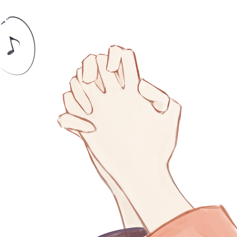 chihaya anon, nagasaki soyo, bang dream!, bang dream! it's mygo!!!!!, commentary, 2girls, hand focus, holding hands, interlocked fingers, long hair, maa-chan (sima), multiple girls, musical note, simple background, spoken musical note, white background, yuri