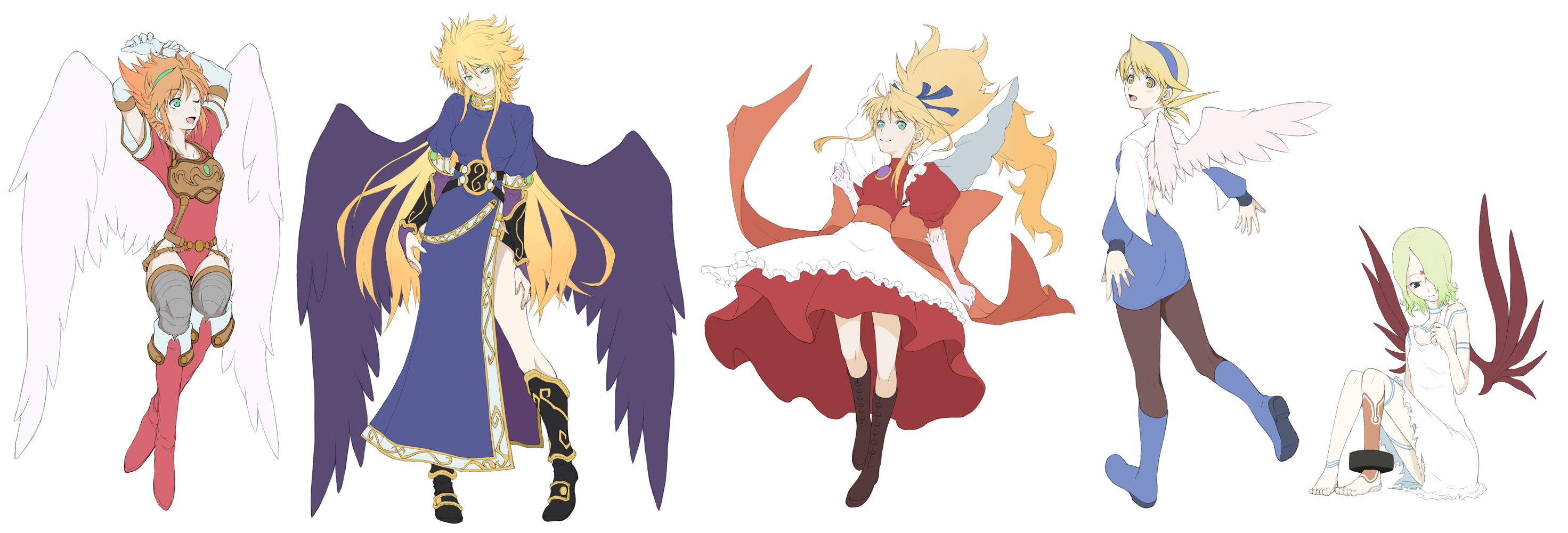 taka yanagi, nina (breath of fire i), nina (breath of fire ii), nina (breath of fire iii), nina (breath of fire iv), nina (breath of fire v), breath of fire, breath of fire i, breath of fire ii, breath of fire iii, breath of fire iv, breath of fire v, capcom, blue footwear, bad id, bad pixiv id, highres, long image, wide image, 5girls, akayanagi (artist), angel wings, black wings, blonde hair, boots, bracelet, bridal gauntlets, dress, elbow gloves, gloves, green hair, hair over one eye, hair ribbon, hairband, jewelry, knee boots, leotard, multiple girls, pantyhose, red wings, ribbon, side slit, thighhighs, white wings, wings