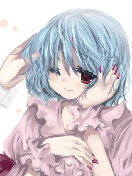 yatosaki haru, remilia scarlet, touhou, bad id, bad pixiv id, 1girl, blue hair, female focus, headpat, nail polish, no headwear, one eye closed, purple nails, red eyes, ruffling hair, smile, solo focus, wink