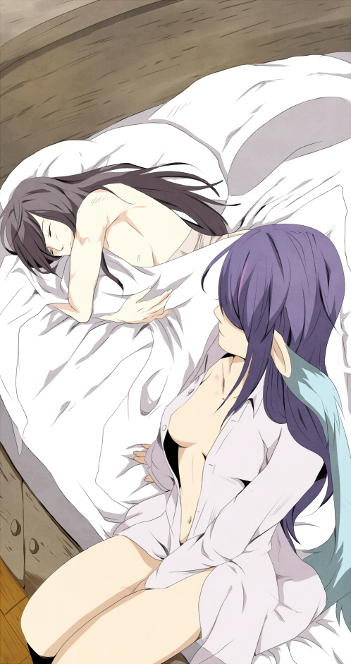 judith (tales), yuri lowell, tales of (series), tales of vesperia, 00s, 1boy, 1girl, aftersex, bed, bottomless, couple, open clothes, open shirt, pointy ears, purple hair, shirt, sleeping