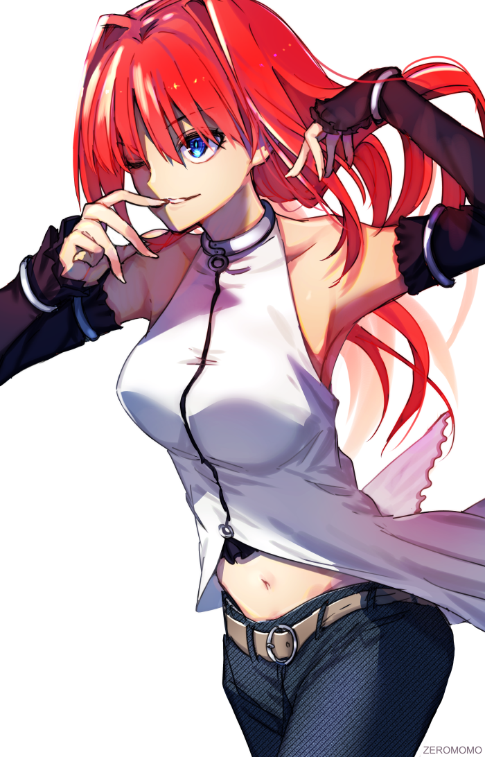 carimarica, aozaki aoko, super aoko, mahou tsukai no yoru, bad id, bad twitter id, 1girl, armpits, belt, black sleeves, blue eyes, breasts, denim, detached sleeves, grin, hair intakes, jacket, jeans, large breasts, long hair, one eye closed, pants, red hair, simple background, sleeveless, sleeveless jacket, smile, solo, white background, white jacket, wrist cuffs
