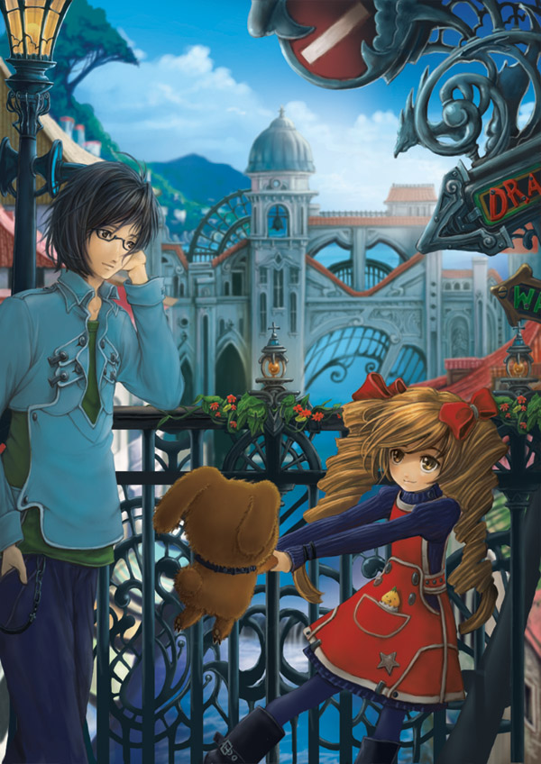 abokadon, black hair, brown hair, city, drill hair, glasses, lamppost, rabbit, scenery, twintails