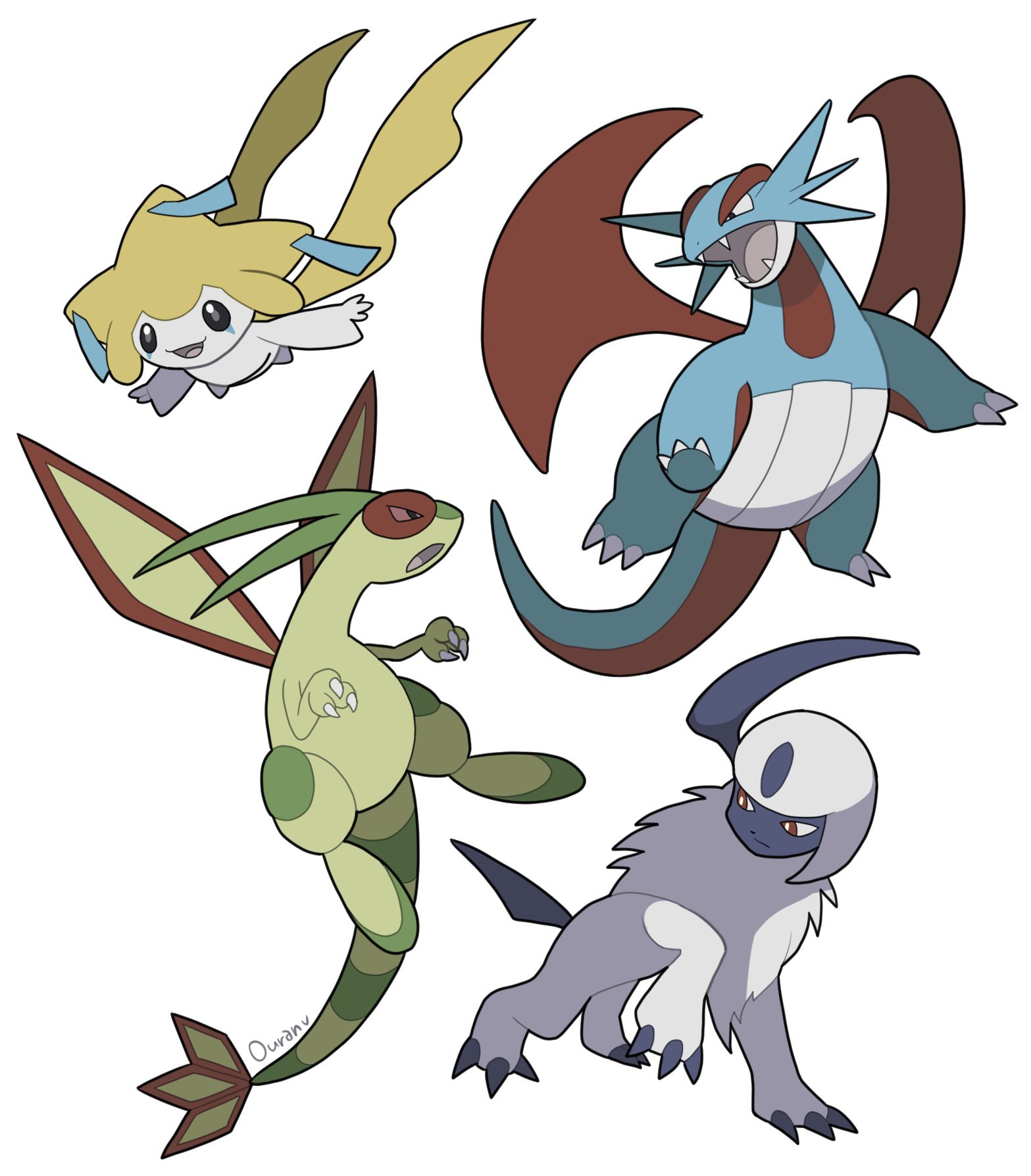 ouran, absol, flygon, jirachi, salamence, nintendo, pokemon, highres, animal focus, claws, closed mouth, colored skin, dragon, fangs, full body, gen 3 pokemon, green wings, horns, legendary pokemon, mythical pokemon, no humans, open mouth, pokemon (creature), pokemon focus, red eyes, red wings, simple background, single horn, smile, tail, tanzaku, white background, white fur, white skin, wings