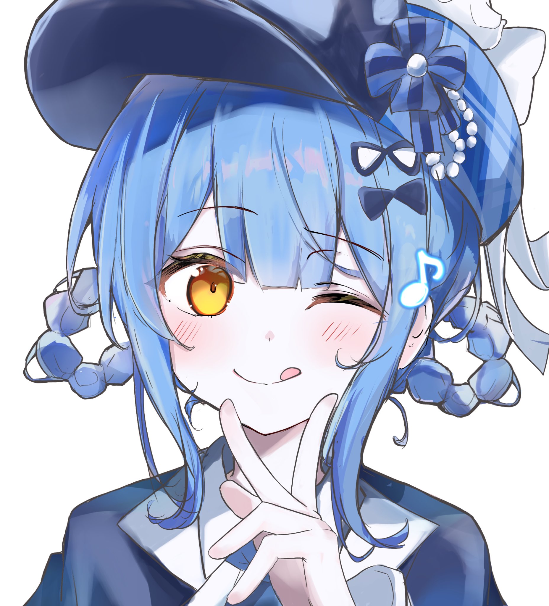 shyaruru, tachibana sherry, mahou shoujo no majo saiban, highres, 1girl, :q, bird hat ornament, blue hair, braid, braided hair rings, deerstalker, eighth note, hair rings, hat, looking at viewer, magical girl, musical note, one eye closed, short hair, simple background, solo, tongue, tongue out, white background