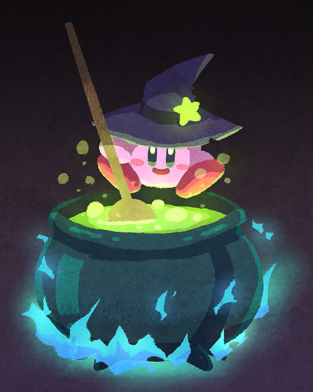 miclot, kirby, kirby (series), nintendo, commentary, highres, symbol-only commentary, black background, black hat, cauldron, green eyes, halloween, hat, no humans, open mouth, smile, solo, stirring, witch hat