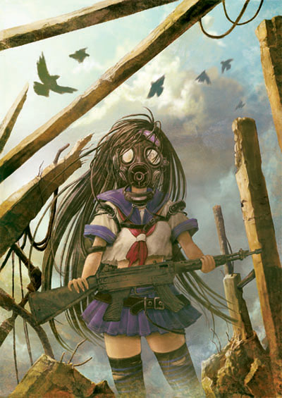 abokadon, bird, brown hair, gas mask, gun, long hair, mask, rifle, ruins, school uniform, serafuku, solo, thighhighs, weapon