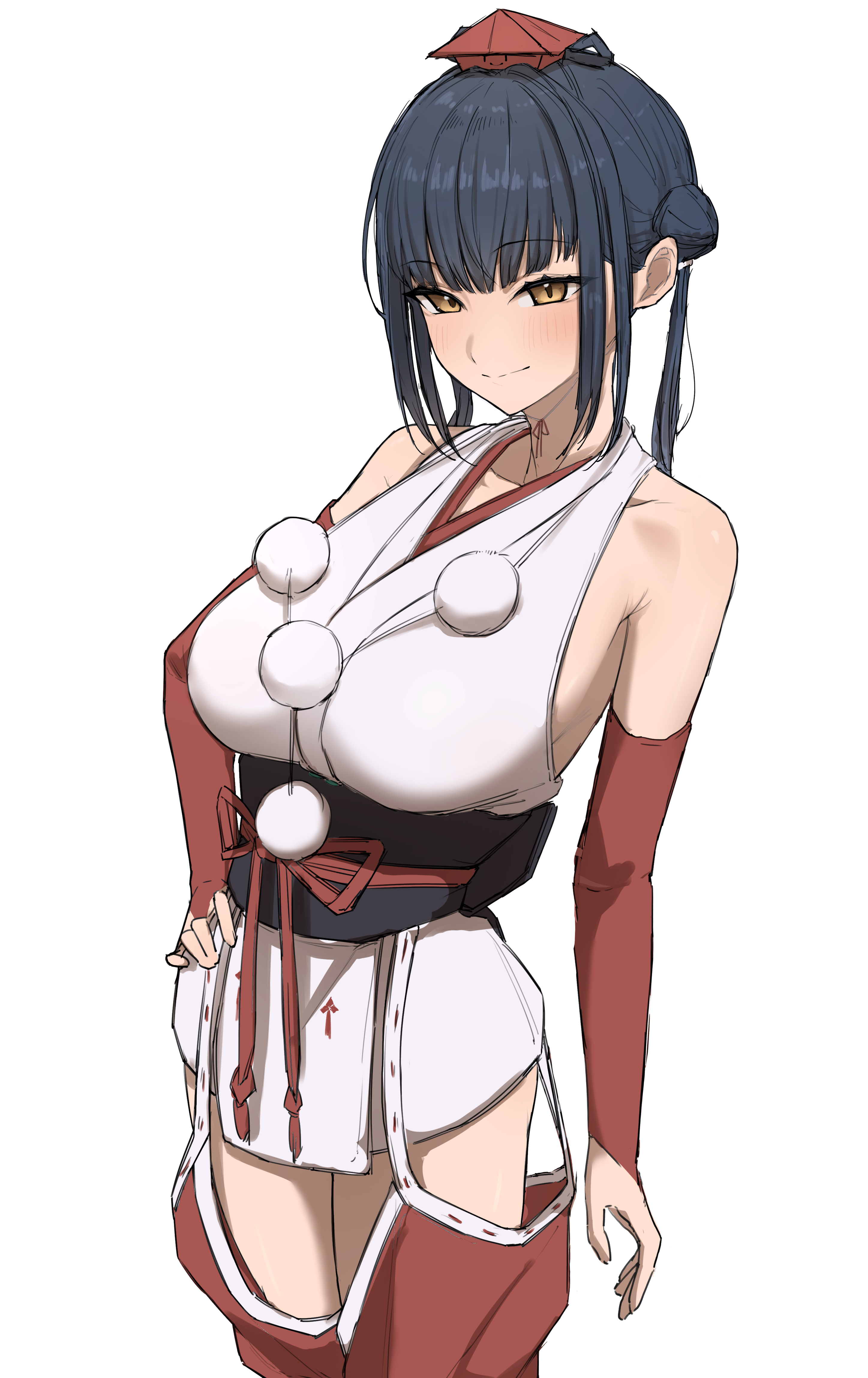 kaekae kaeru, yamagami karuta, yamagami karuta (1st costume), nijisanji, absurdres, highres, 1girl, armpit crease, bare shoulders, black hair, breasts, bridal gauntlets, clothing cutout, cowboy shot, hat, hip vent, japanese clothes, kimono, large breasts, light smile, looking at viewer, red bridal gauntlets, simple background, solo, virtual youtuber, white background, white kimono, yellow eyes