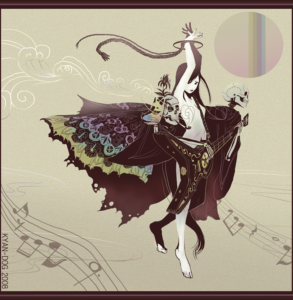kyan-dog, 1girl, barefoot, beamed quavers, black hair, crotchet rest, feet, female focus, guitar, instrument, kiseru, long hair, mask, musical note, musical staff, nude, pipe in mouth, quaver, quaver rest, skeleton, skull, smoking pipe, solo