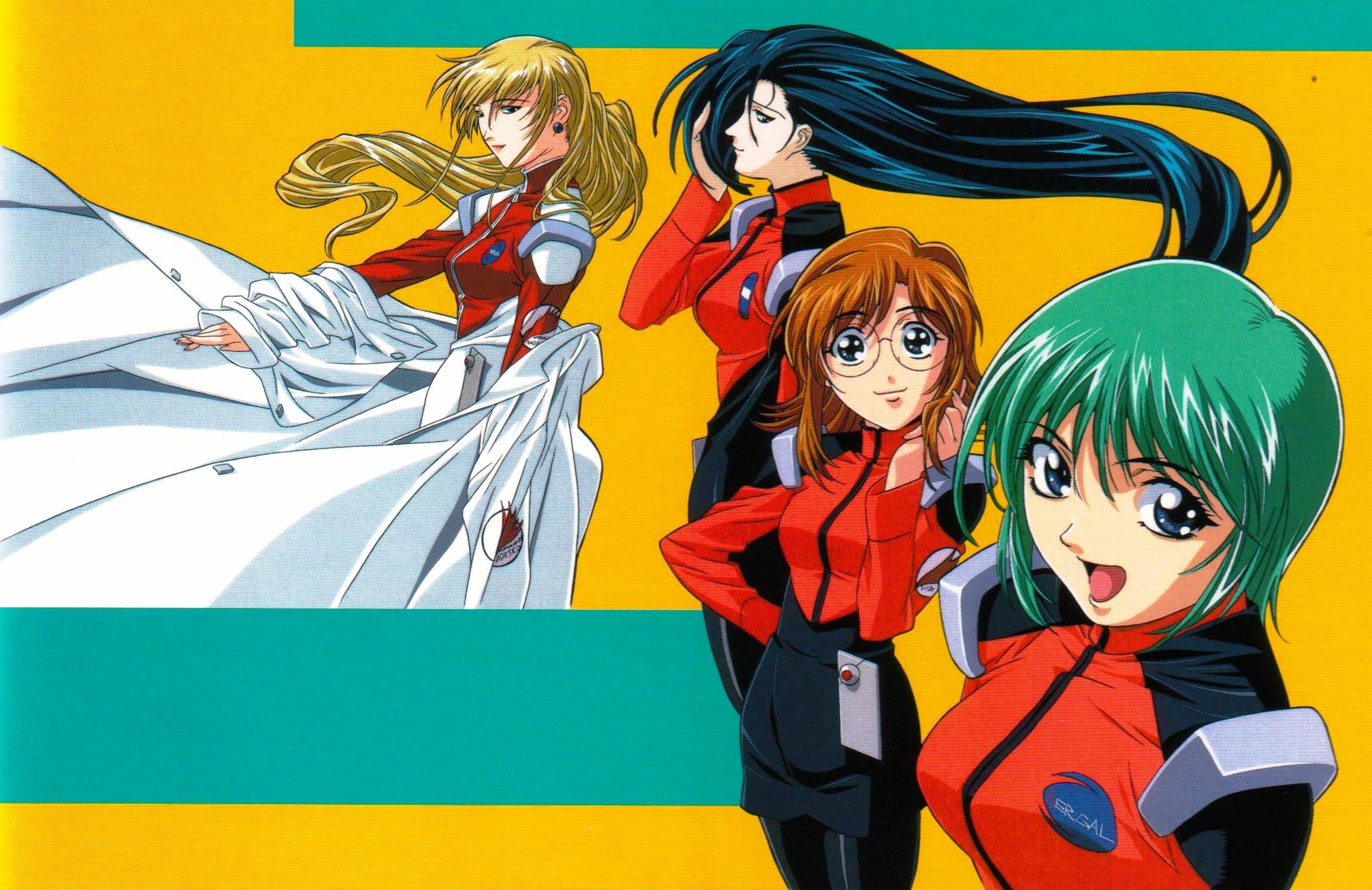 gotou keiji, amano hikaru, inez fressange, izumi maki, maki izumi, subaru ryoko, kidou senkan nadesico, black legwear, highres, non-web source, official art, scan, 4girls, :d, adjusting hair, black eyes, blonde hair, blue eyes, blue hair, breasts, brown hair, coat, earrings, emblem, floating hair, glasses, green hair, hair over one eye, hand on own hip, jewelry, lab coat, light smile, lipstick, long hair, makeup, medium breasts, military, military uniform, multiple girls, open clothes, open coat, open mouth, orange background, pantyhose, parted bangs, pencil skirt, rimless eyewear, robe, short hair, simple background, skirt, smile, turtleneck, very long hair