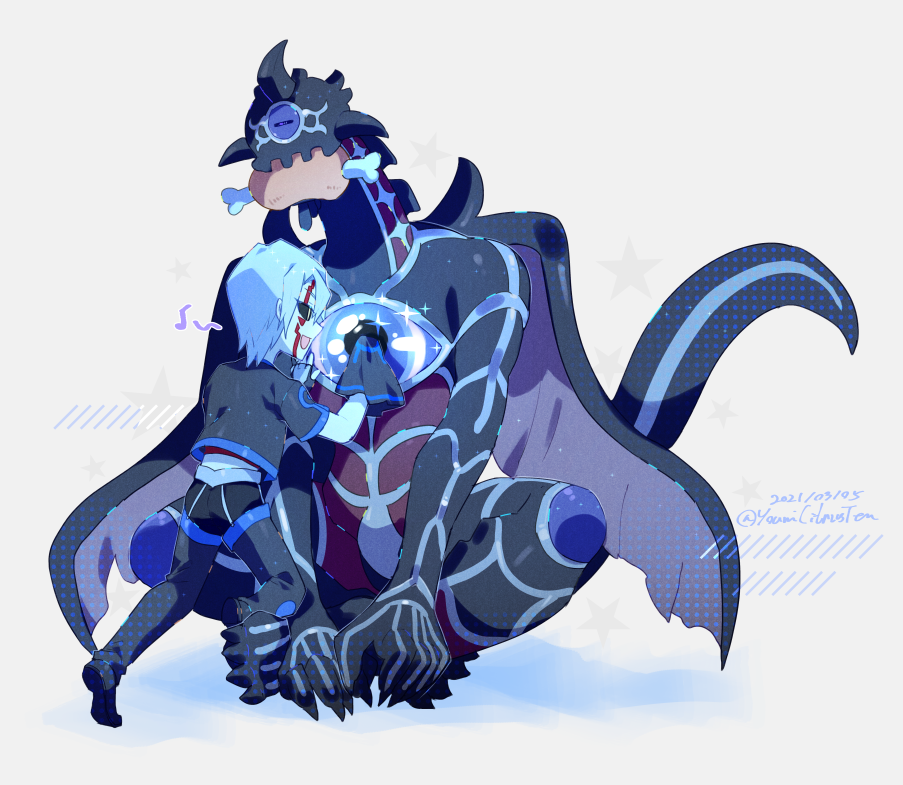 youmicitrustea, kiryu kyosuke, yu-gi-oh!, yu-gi-oh! 5d's, character request, 1boy, black sclera, colored sclera, dated, dragon, full body, male focus, polishing, third eye on chest, twitter username, white background